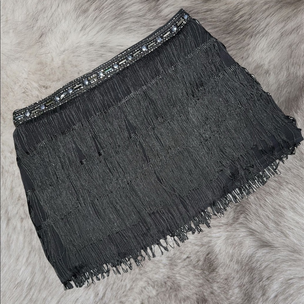 Black Fringe Mini Skirt w/ Beaded Waist